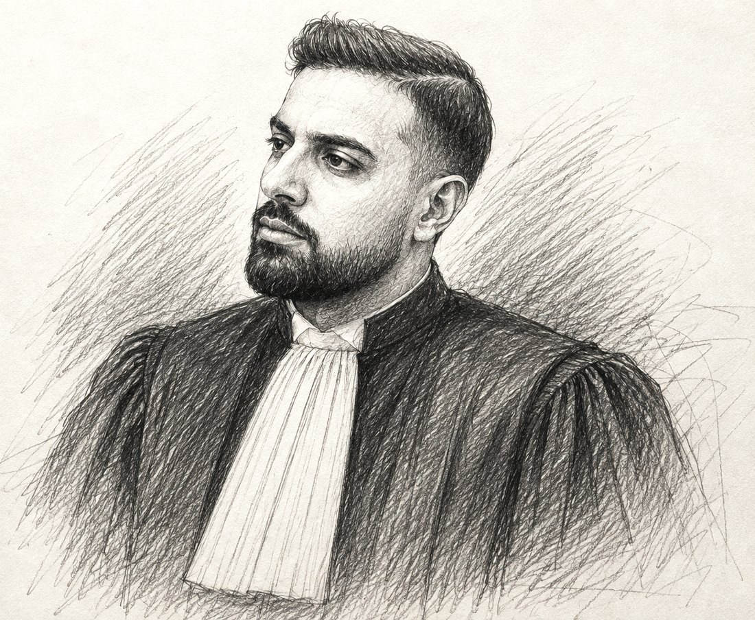 Maître Goulyar Nadeem en robe d'avocat, dessin au crayon